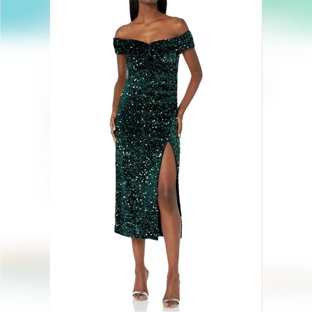 LIKELY Ronan Emerald Sequin Sweetheart Off-Shoulder Formal Midi Dress NWT